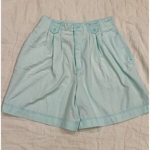 Vintage 80s In-Force INC Blue High Waist Pleated Shorts Button Tab Waist Sz11/12